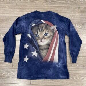 Vtg Patriotic Cat Graphic Shirt American Flag Kitten USA Tie Dye Blue Cotton